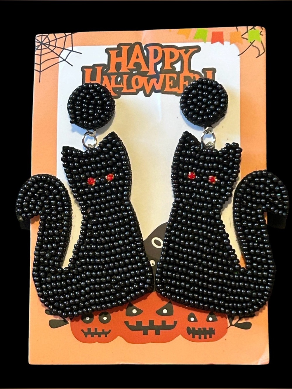 Halloween Black Beaded Cat Earrings With Red Jeweled Eyes